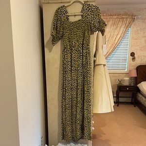 NOTES Yellow Leopard Print Puff-Sleeve Maxi Dress